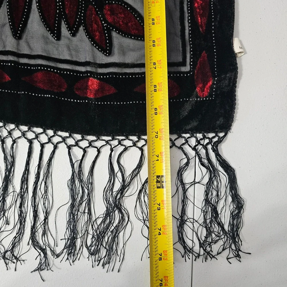 Silk Velvet Burnout Shawl Scarf OS Black Red Gothic Art Deco Flapper Fringe
